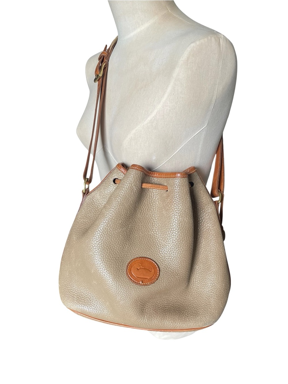 Vintage Dooney & Bourke Taupe Leather Drawstring Bucket Bag